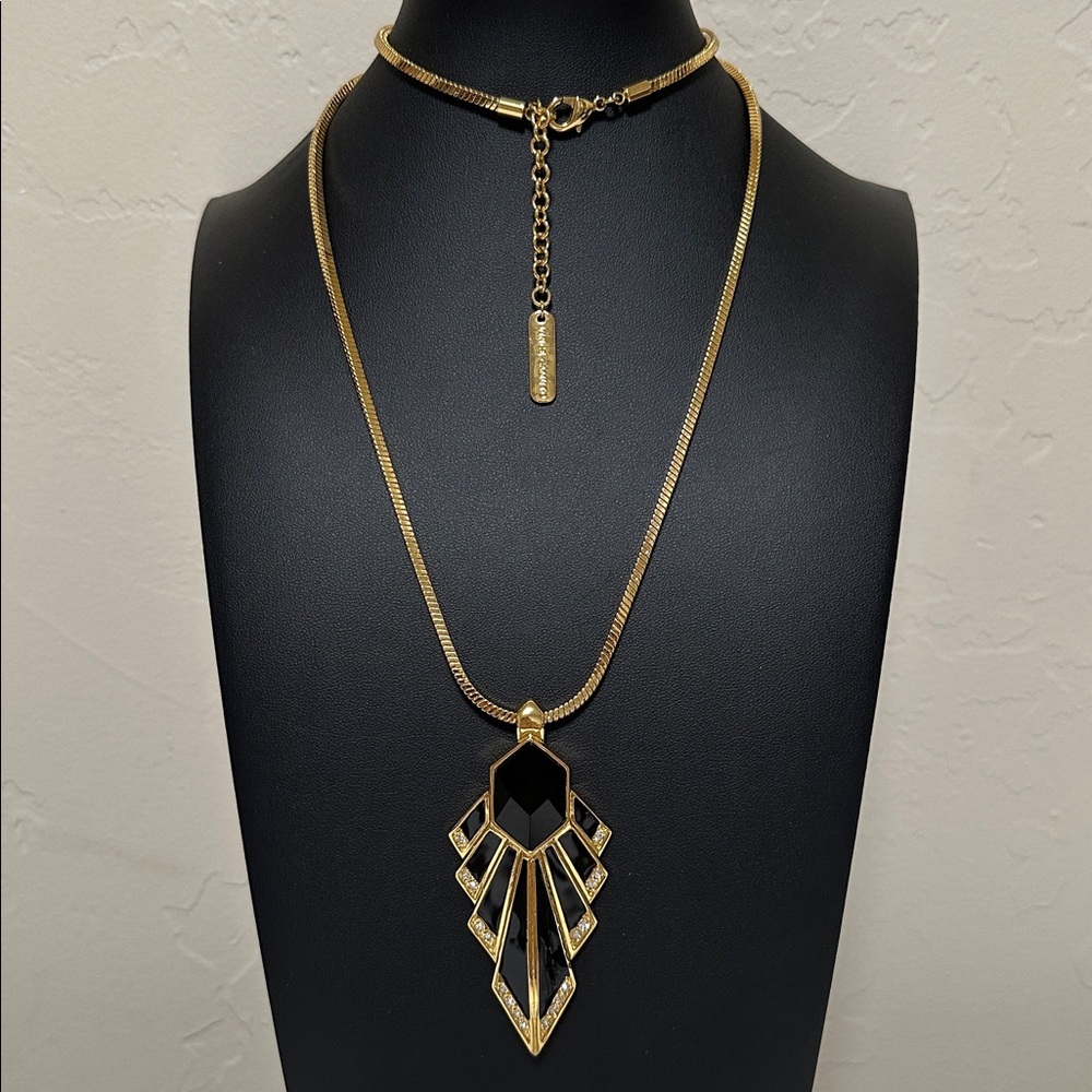 Vince Camuto Gold Tone Black Enamel Rhinestone Long Necklace